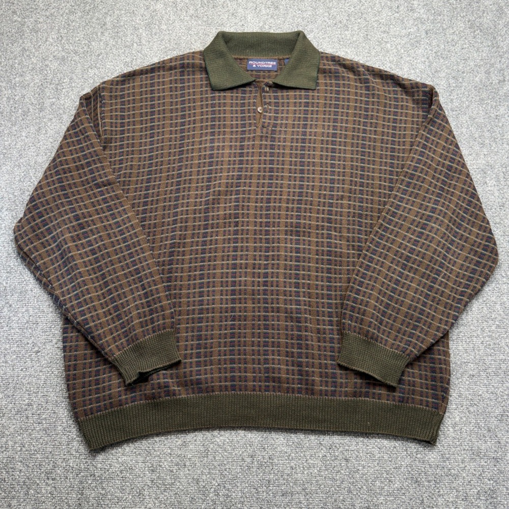 Roundtree & Yorke Mens XXL Cotton Knit Polo Sweater Brown Plaid Vintage USA Made